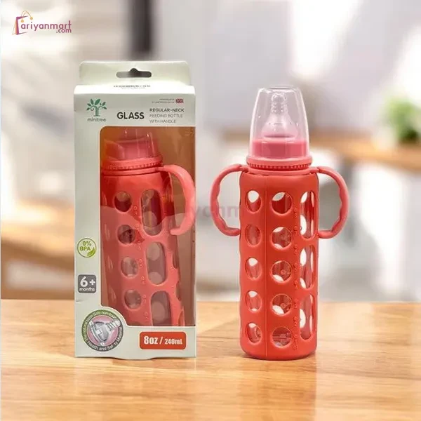 Minitree Slimneck Glass Feeding Bottle 6m+ 240ml - Red
